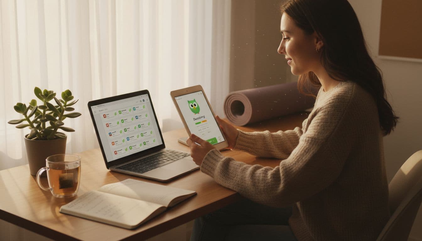 a woman performing a two language apps approach to learn