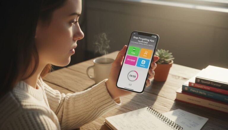 Illustration of a woman using an offline vocabulary review system