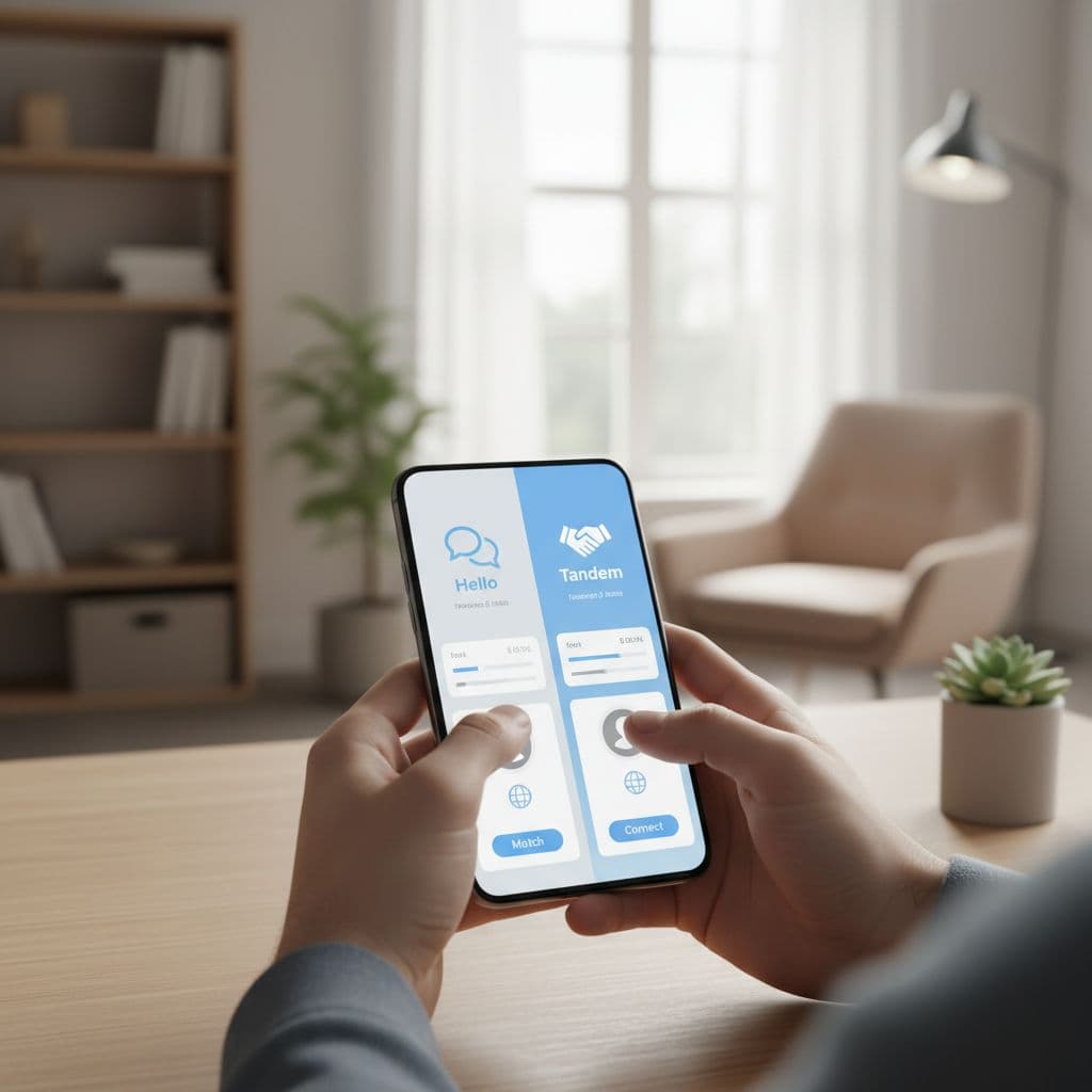 A person uses a smartphone at a minimalist desk to compare language learning applications.