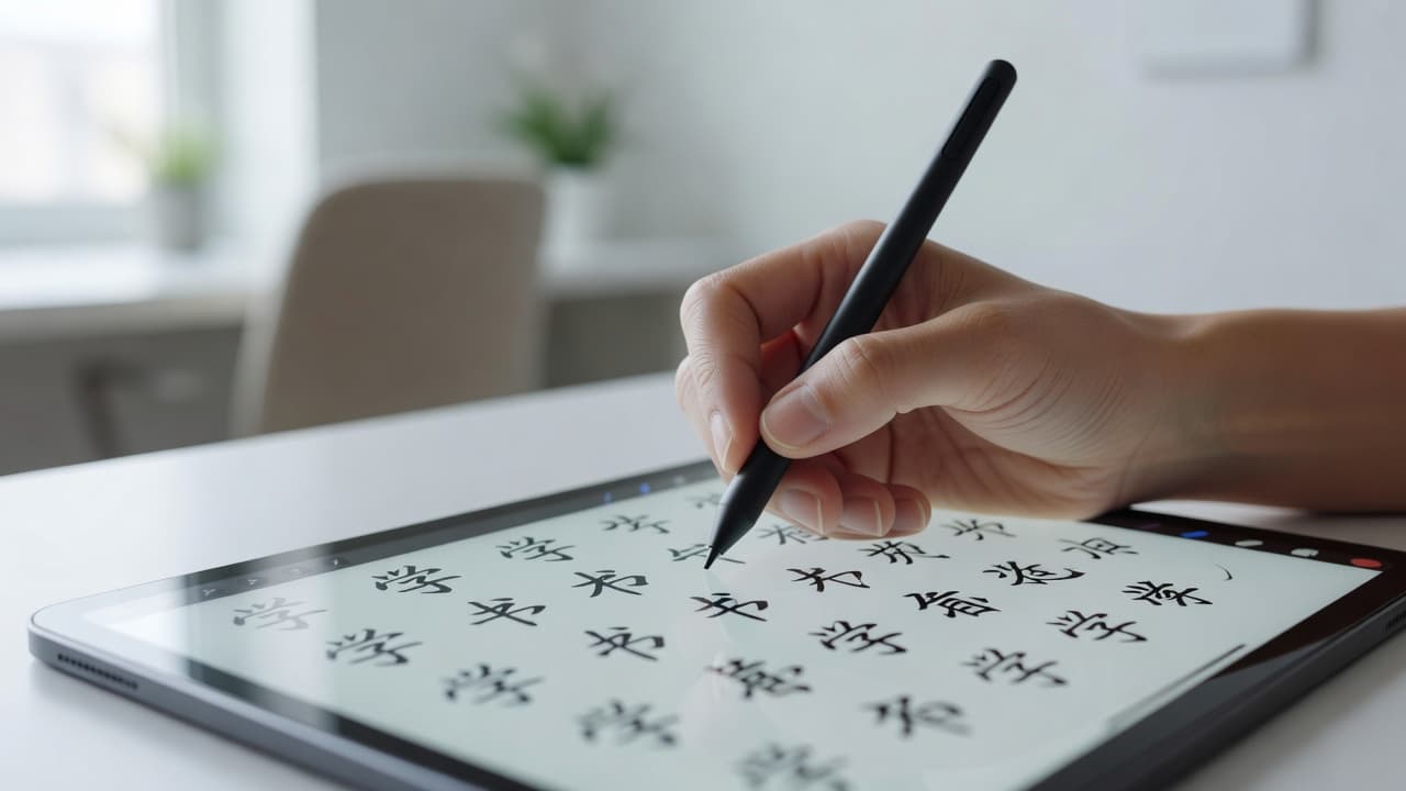 Best Chinese Writing Apps for Serious Learners in 2026 2 A focused individual uses a precise stylus to trace delicate Chinese characters onto a glowing tablet display. The bright, minimalist home office creates a serene environment for concentrated language learning study.