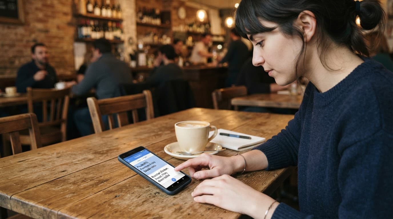 Chinese OCR Apps in 2026 for Menus, Signs, and Labels 4 A person reviews translated text on a smartphone beside coffee at a warmly lit cafe table.