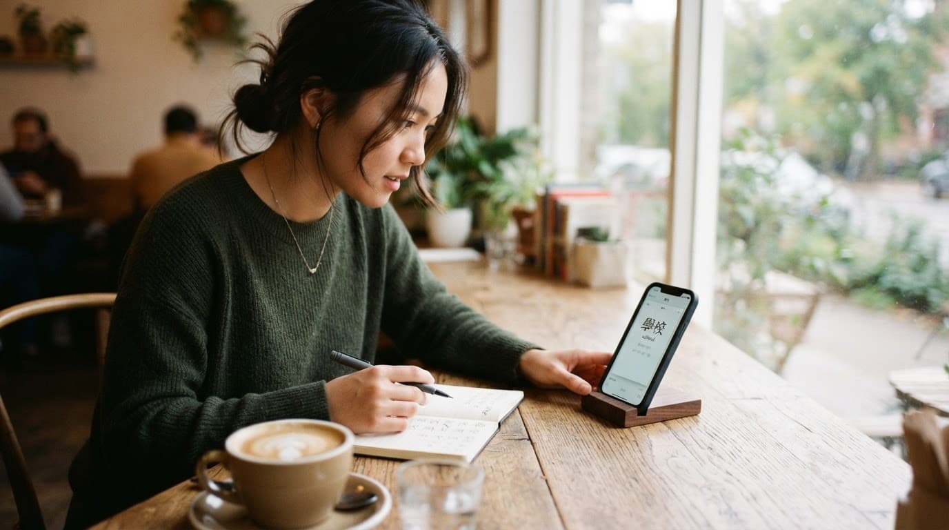 Cantonese Learning Apps for Jyutping and Character Reading 2 A person studies language flashcards on a smartphone at a wooden cafe table.