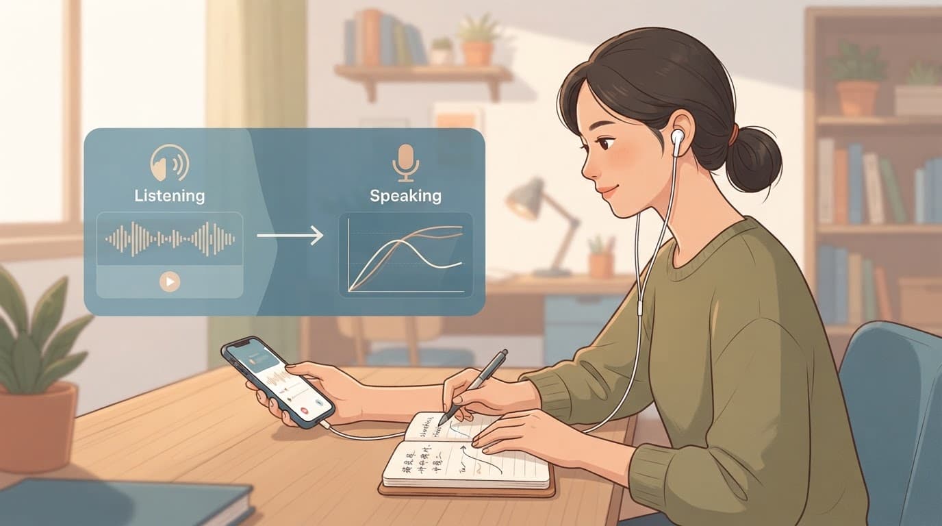 Cantonese Tone Apps for Mandarin Speakers in 2026 3 Learner practices Cantonese tones with a smartphone, earbuds, and notebook.