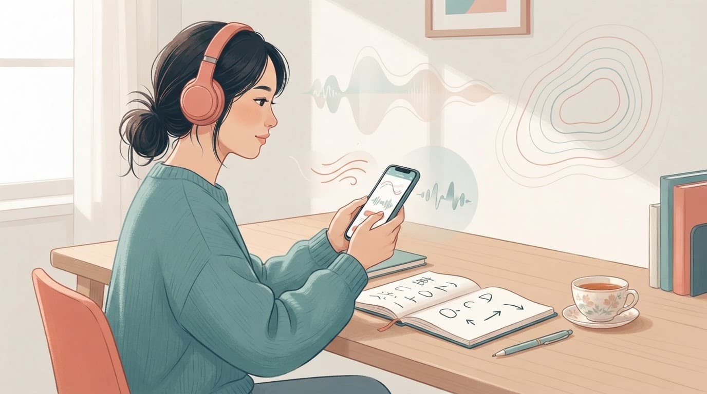 Cantonese Tone Apps for Mandarin Speakers in 2026 2 Adult learner practices Cantonese pronunciation with a smartphone at a tidy desk.