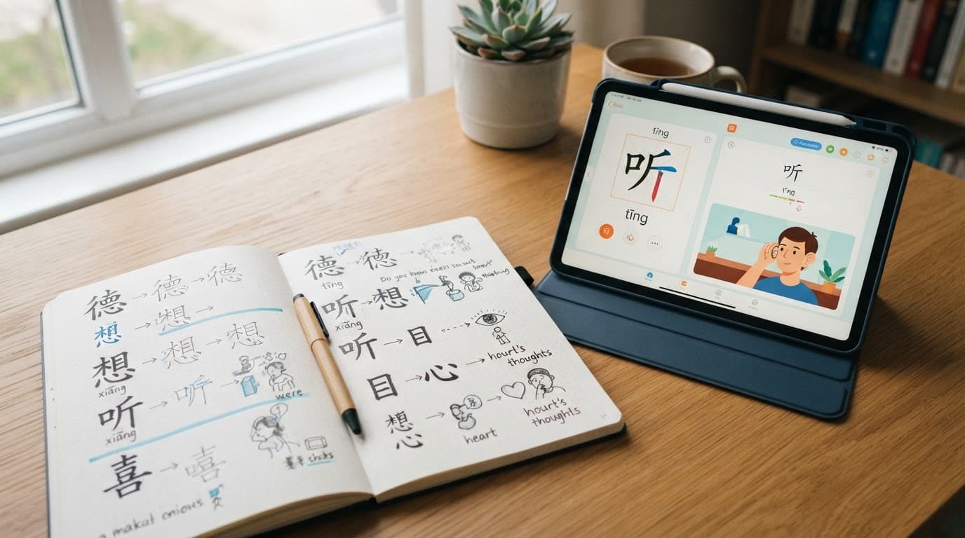 HanziHero Review 2026: Worth It for Chinese Characters? 3 Notebook with Chinese stroke orders and sketches beside a tablet on a sunlit desk.
