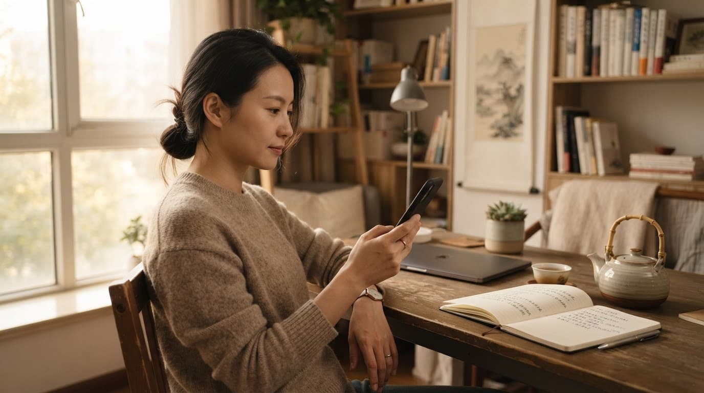Best Chinese Web Novel Apps for Reading in 2026 2 An adult reads a smartphone beside a notebook and tea at a sunny desk.