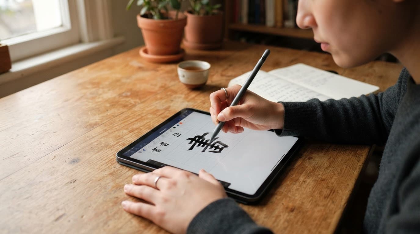 Skritter vs Tofu Learn: Chinese Writing in 2026 2 A person practices writing with a stylus on a tablet beside a wooden desk.