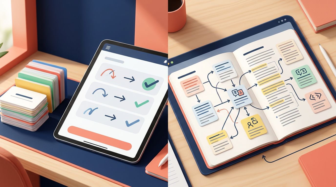 Flashcards and a tablet sit beside a digital notebook with connected study cards.