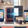 Two phones display language flashcards beside computers and headphones in a split workspace.