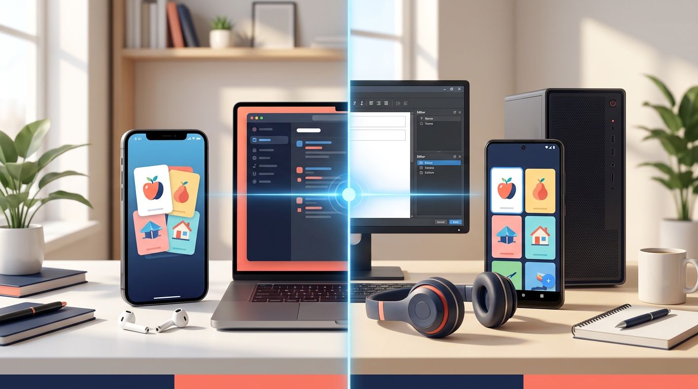 Two phones display language flashcards beside computers and headphones in a split workspace.