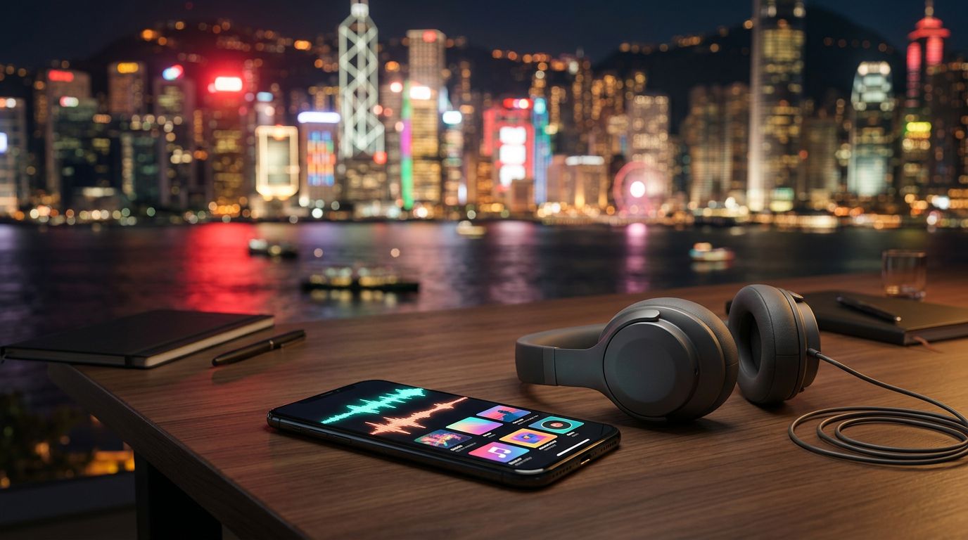 A smartphone with audio waves sits beside headphones, with Hong Kong lights blurred behind it.
