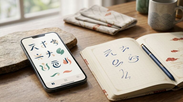 A smartphone, stylus, and notebook arranged for traditional Chinese language learning.