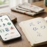 A smartphone, stylus, and notebook arranged for traditional Chinese language learning.