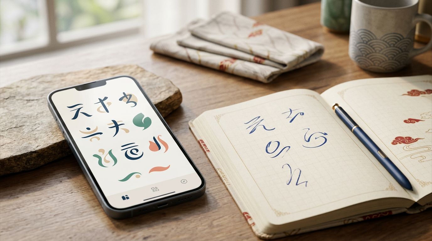 A smartphone, stylus, and notebook arranged for traditional Chinese language learning.