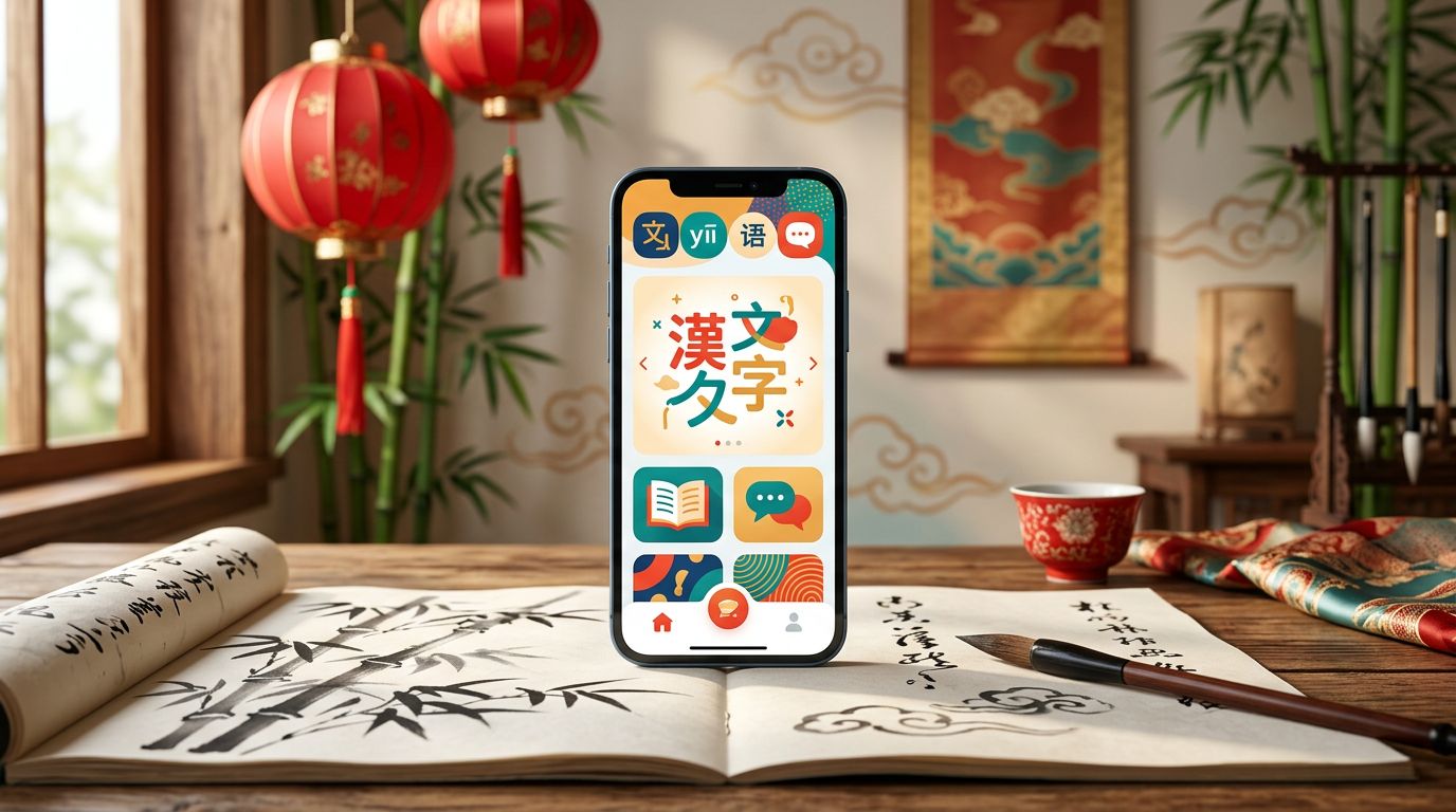 A smartphone language app beside a painted notebook, red lanterns, and bamboo.