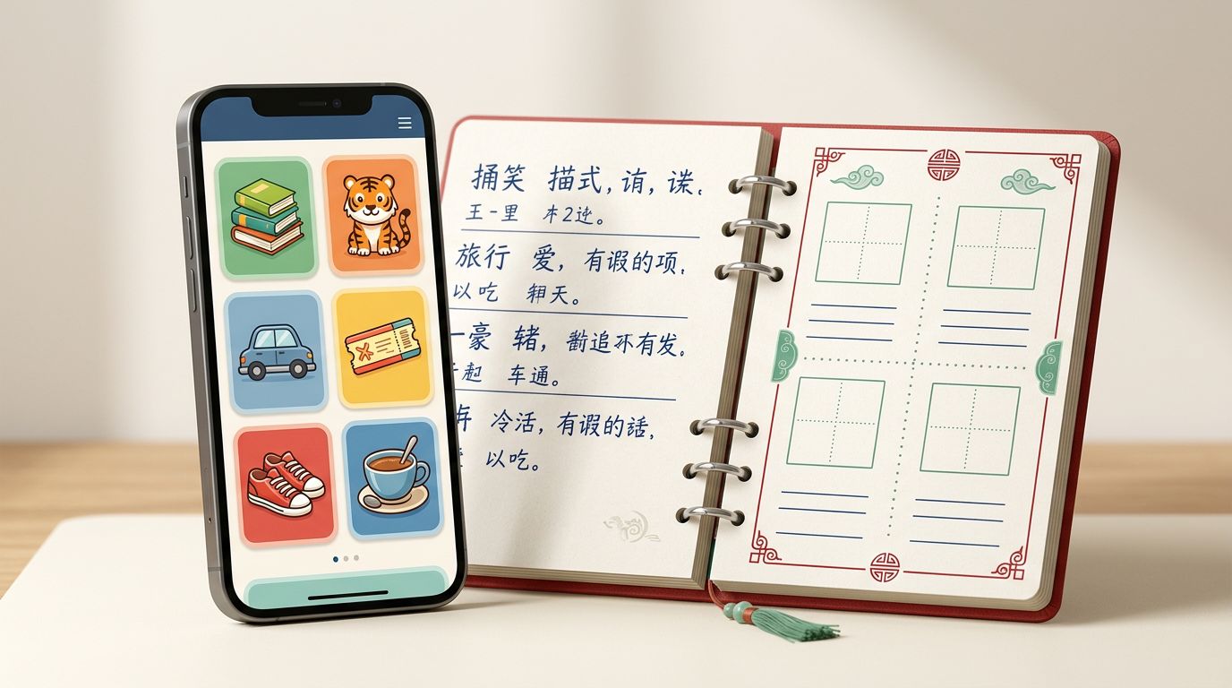 A smartphone with colorful language flashcards beside an open Mandarin study notebook.