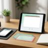 A phone and tablet show colorful flashcards beside tea and headphones.