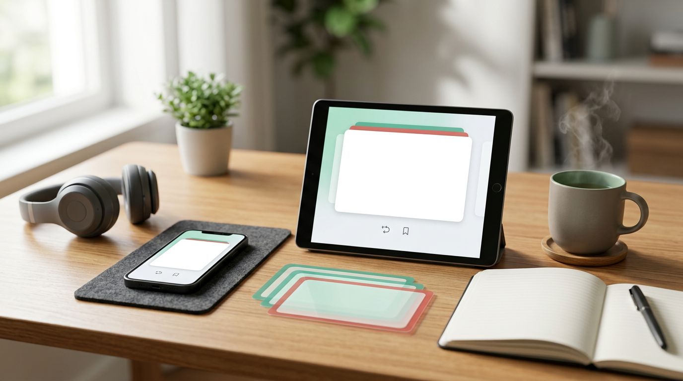 A phone and tablet show colorful flashcards beside tea and headphones.