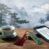 A smartphone, jade bookmark, teacup, and bamboo leaves on a warm wooden desk.
