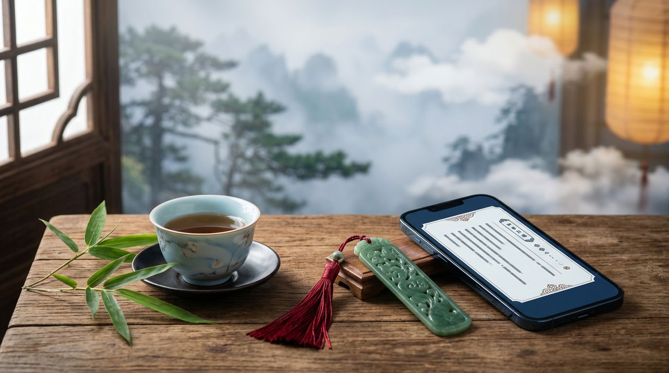 A smartphone, jade bookmark, teacup, and bamboo leaves on a warm wooden desk.