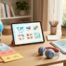 Tablet-based language lesson on a homeschool desk with headphones, atlas, globe, and flashcards.