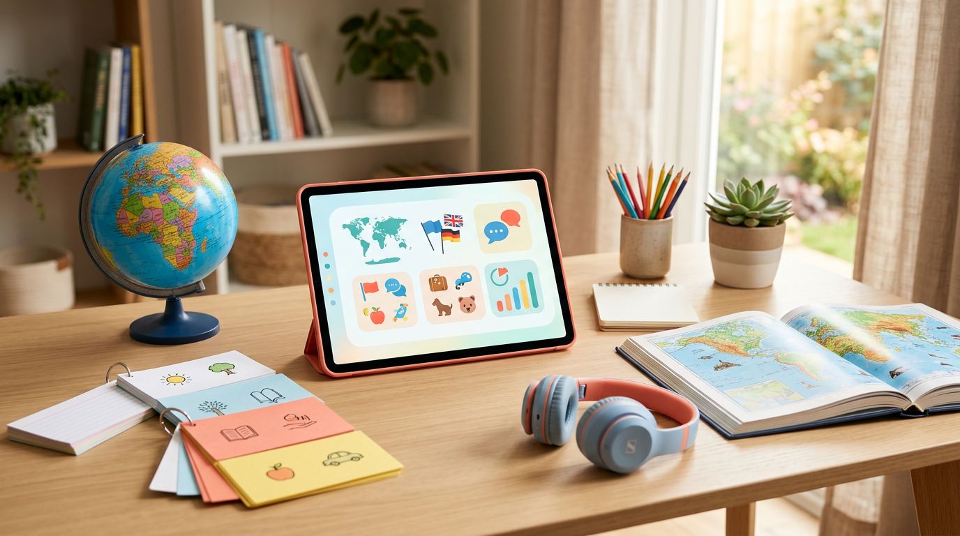 Tablet-based language lesson on a homeschool desk with headphones, atlas, globe, and flashcards.