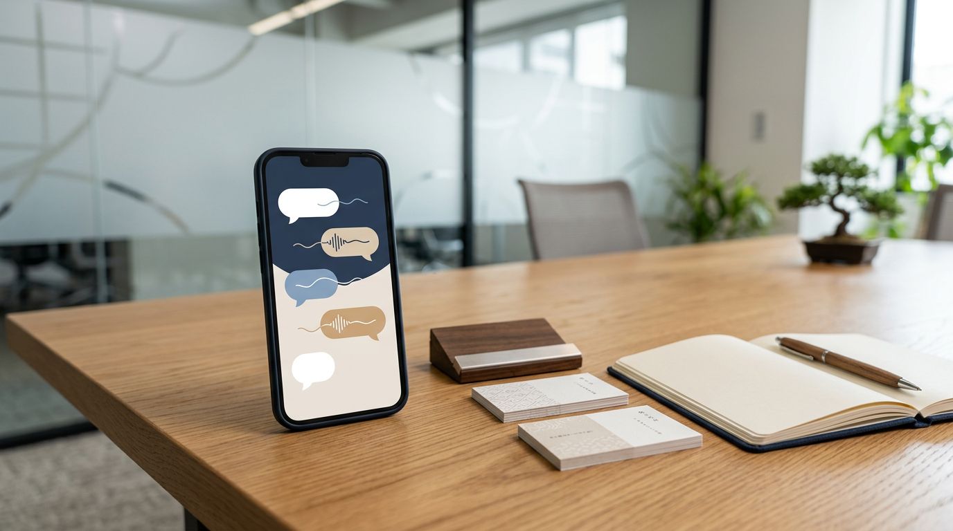 A smartphone with speech icons beside business cards and a blank notebook in a modern office.