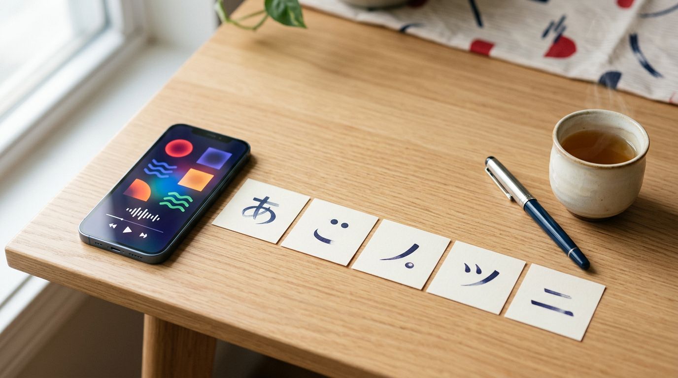 Smartphone, geometric practice cards, pen, and tea arranged on a light-wood desk.