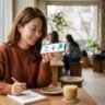 A woman practices Korean speaking with a smartphone in a bright Seoul café.
