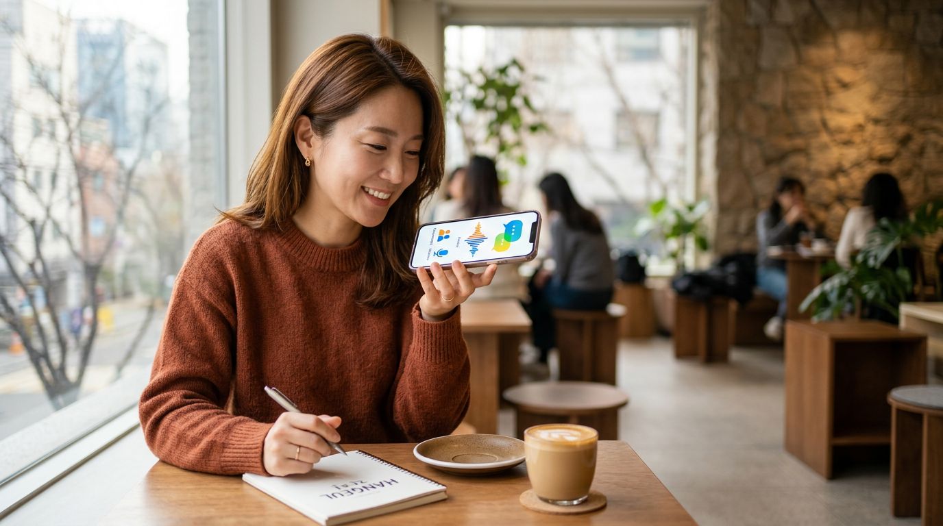 A woman practices Korean speaking with a smartphone in a bright Seoul café.