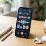A smartphone with audio waveforms beside earbuds, a notebook, and a Korean ceramic cup.