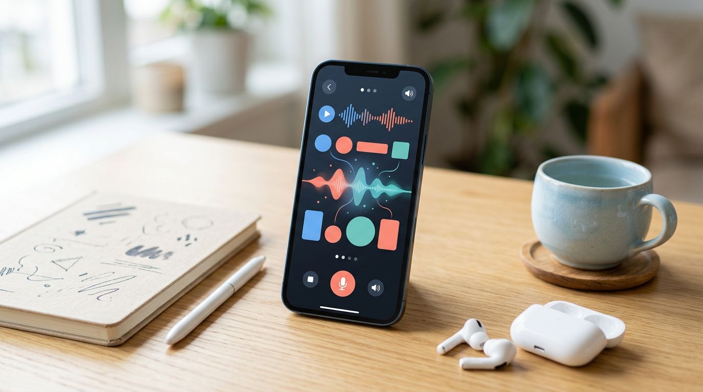 A smartphone with audio waveforms beside earbuds, a notebook, and a Korean ceramic cup.