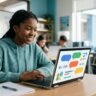 A student practices language skills on a Chromebook in a bright classroom.
