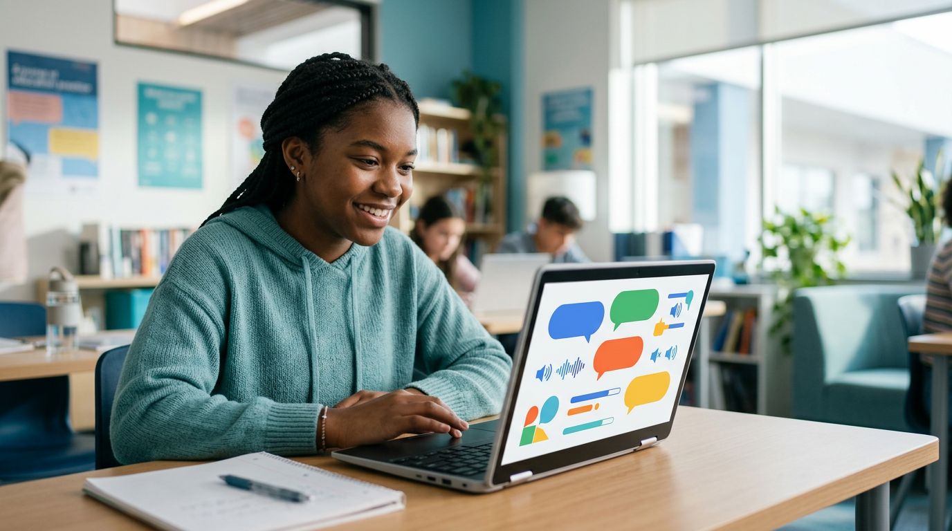 A student practices language skills on a Chromebook in a bright classroom.