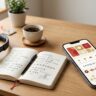 A smartphone with a Mandarin app sits beside a notebook, headphones, and tea.