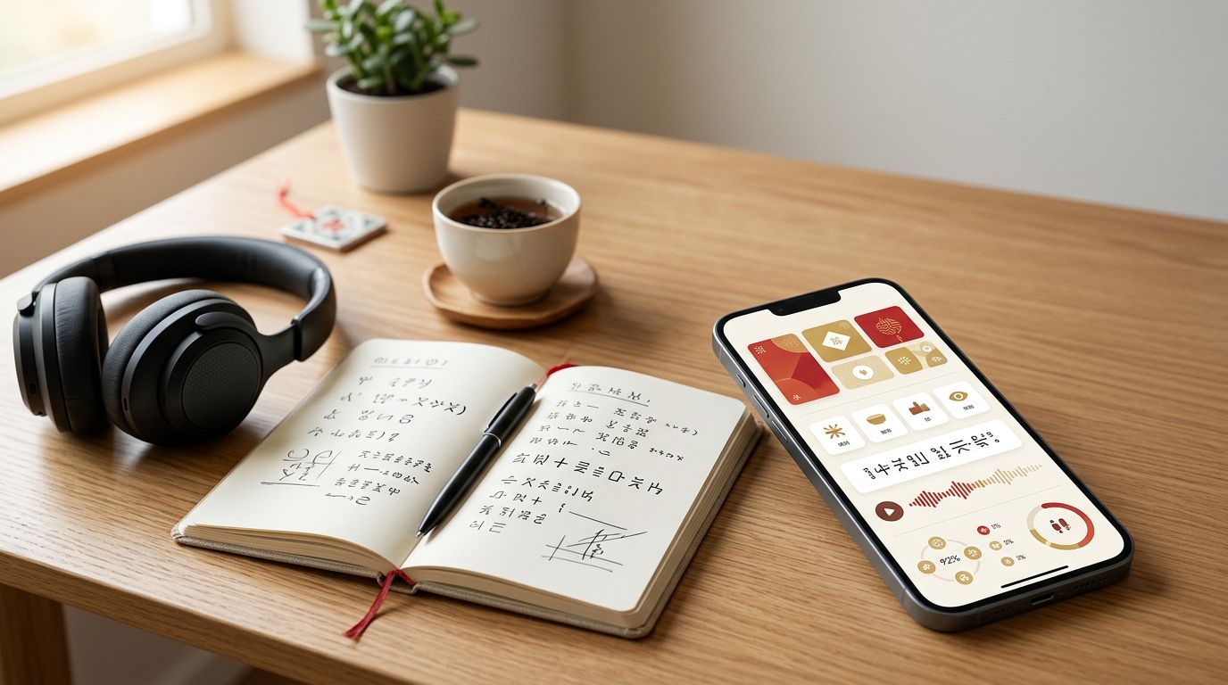 A smartphone with a Mandarin app sits beside a notebook, headphones, and tea.