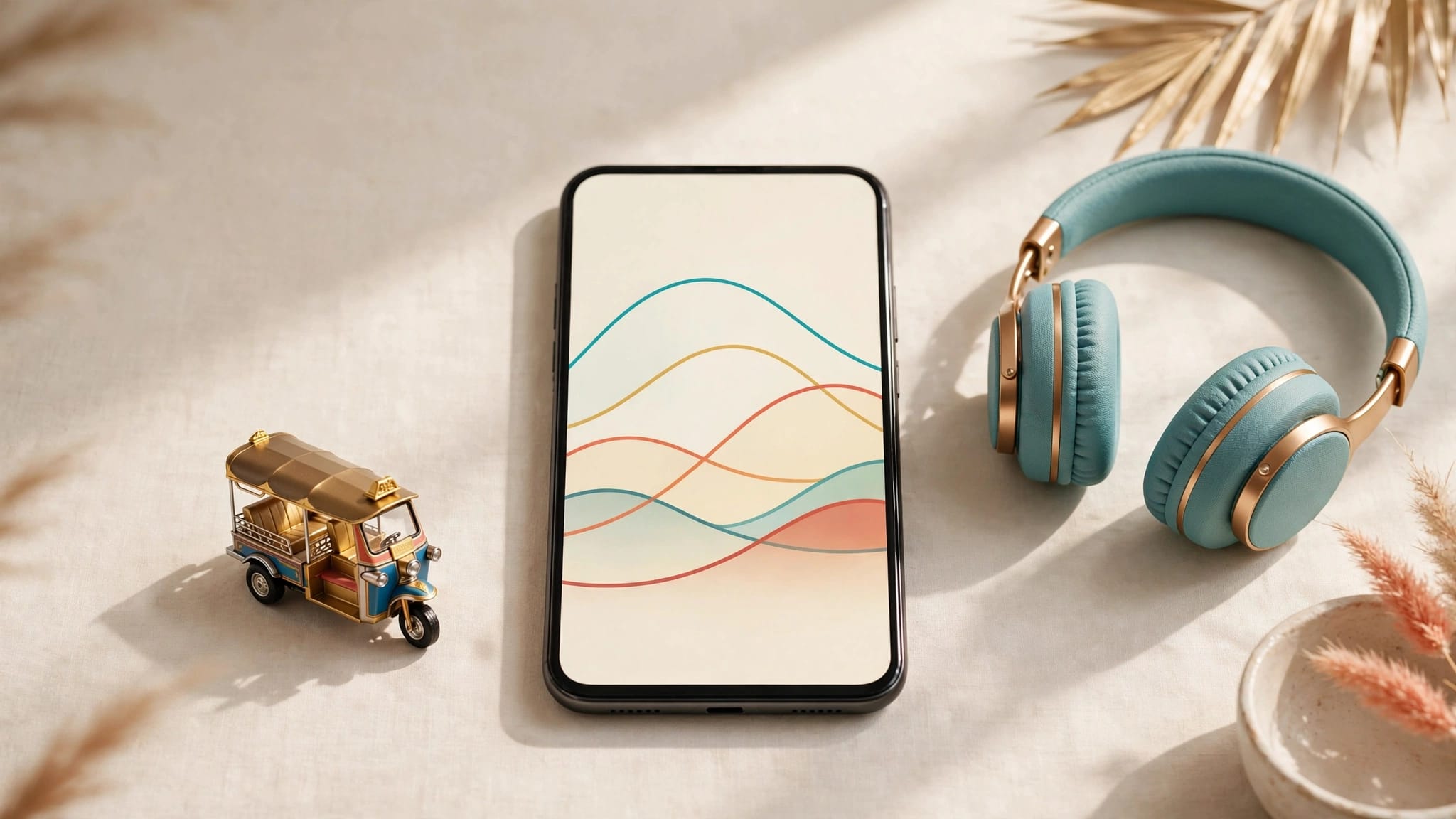 Phone showing colorful tone curves beside headphones and a small tuk-tuk illustration.