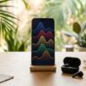 A smartphone with colorful pitch waves, earbuds, and Vietnamese coffee on a desk.