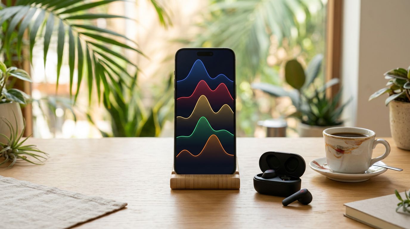 A smartphone with colorful pitch waves, earbuds, and Vietnamese coffee on a desk.