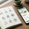 A smartphone and open notebook suggest Cantonese pronunciation and character learning.