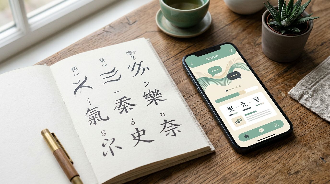 A smartphone and open notebook suggest Cantonese pronunciation and character learning.