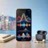 A smartphone with colorful pitch curves, earbuds, and a blank notebook.