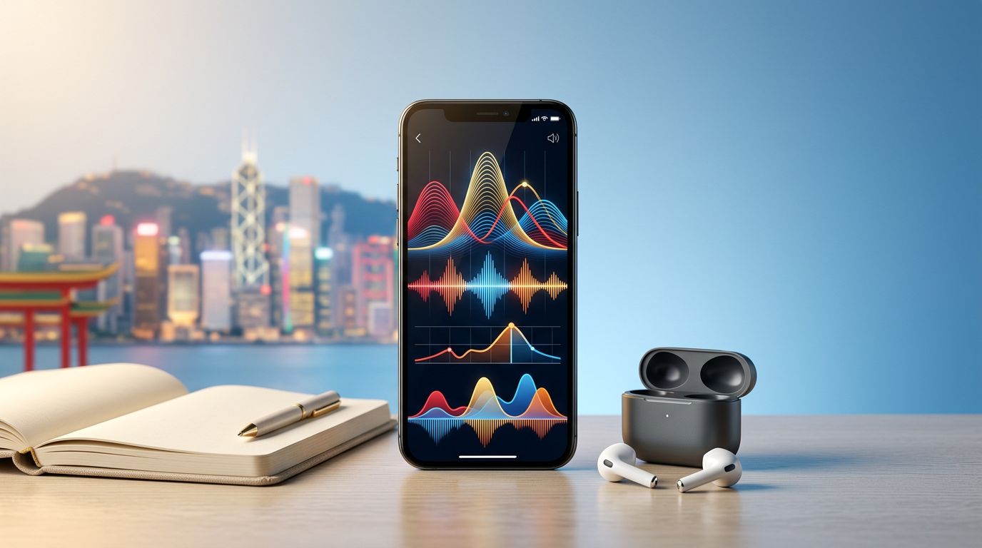 A smartphone with colorful pitch curves, earbuds, and a blank notebook.