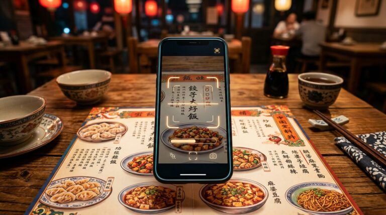 A phone scans a colorful Chinese menu beside chopsticks and a teacup.