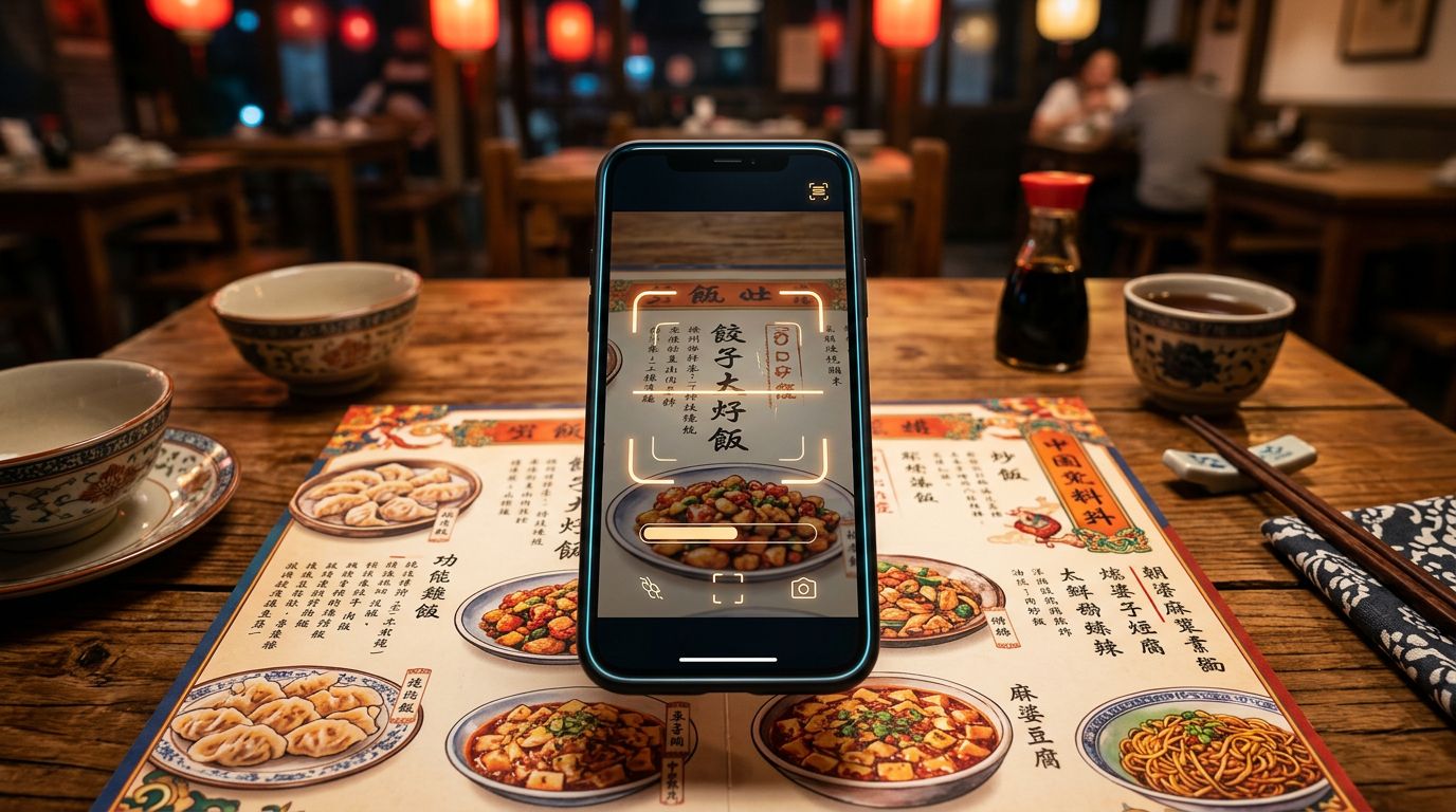 A phone scans a colorful Chinese menu beside chopsticks and a teacup.