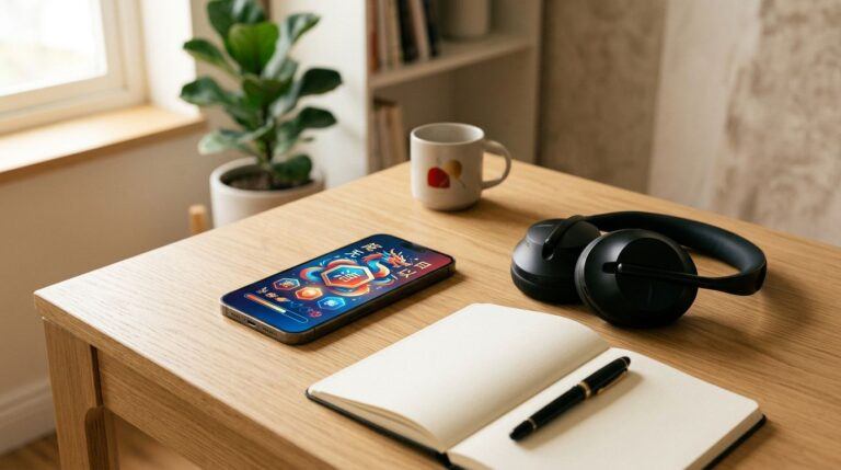 A smartphone, headphones, and blank notebook sit on a modern desk with red and gold accents.