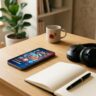 A smartphone, headphones, and blank notebook sit on a modern desk with red and gold accents.