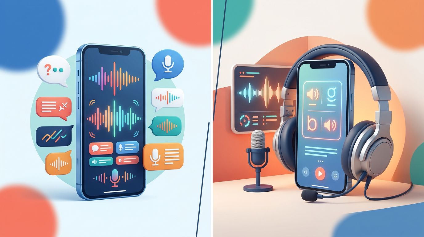 Split-screen phones show speech practice on one side and microphone coaching on the other.