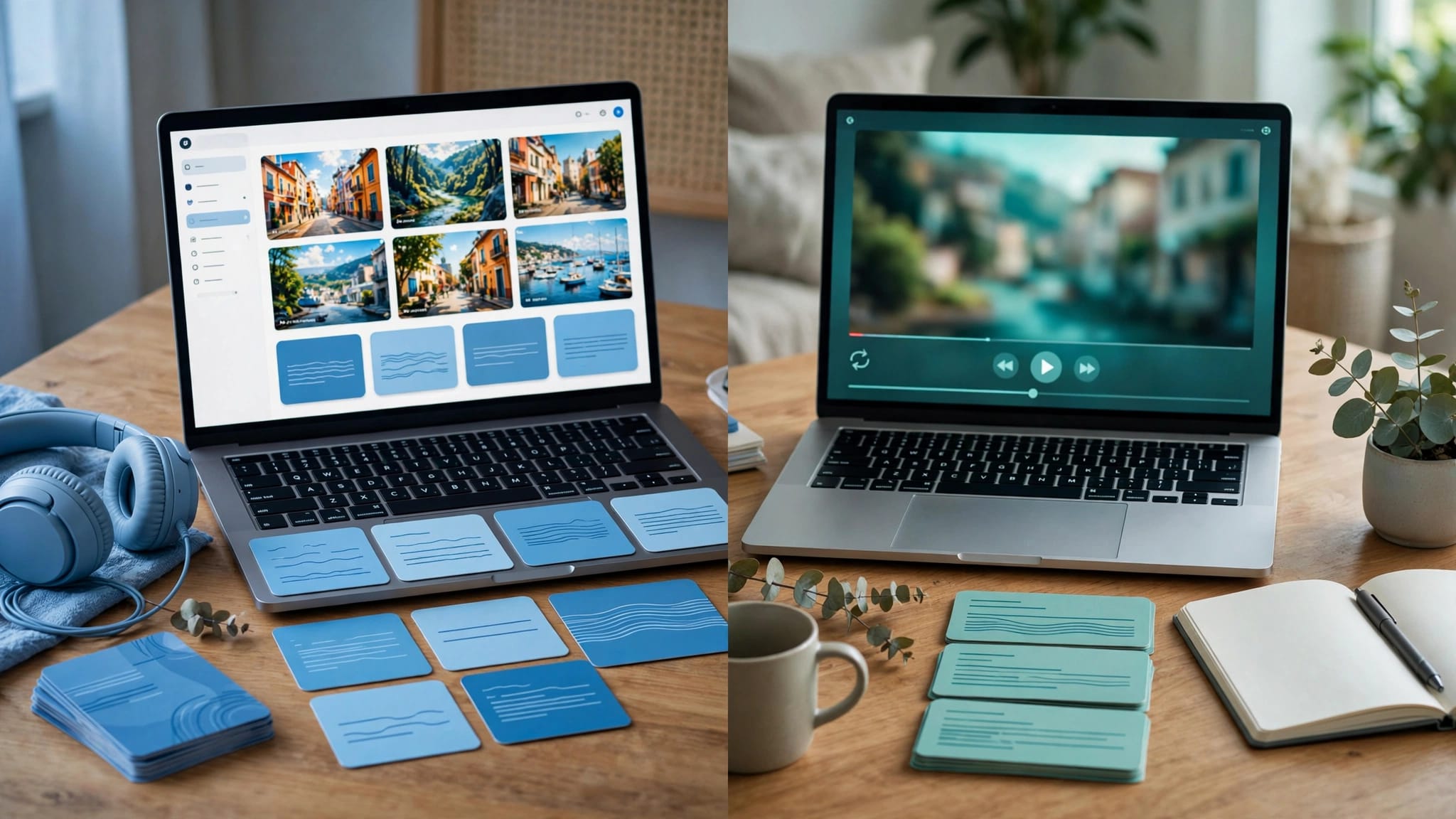 Split-screen laptops show two captioned language-learning practice setups with vocabulary and review cards.