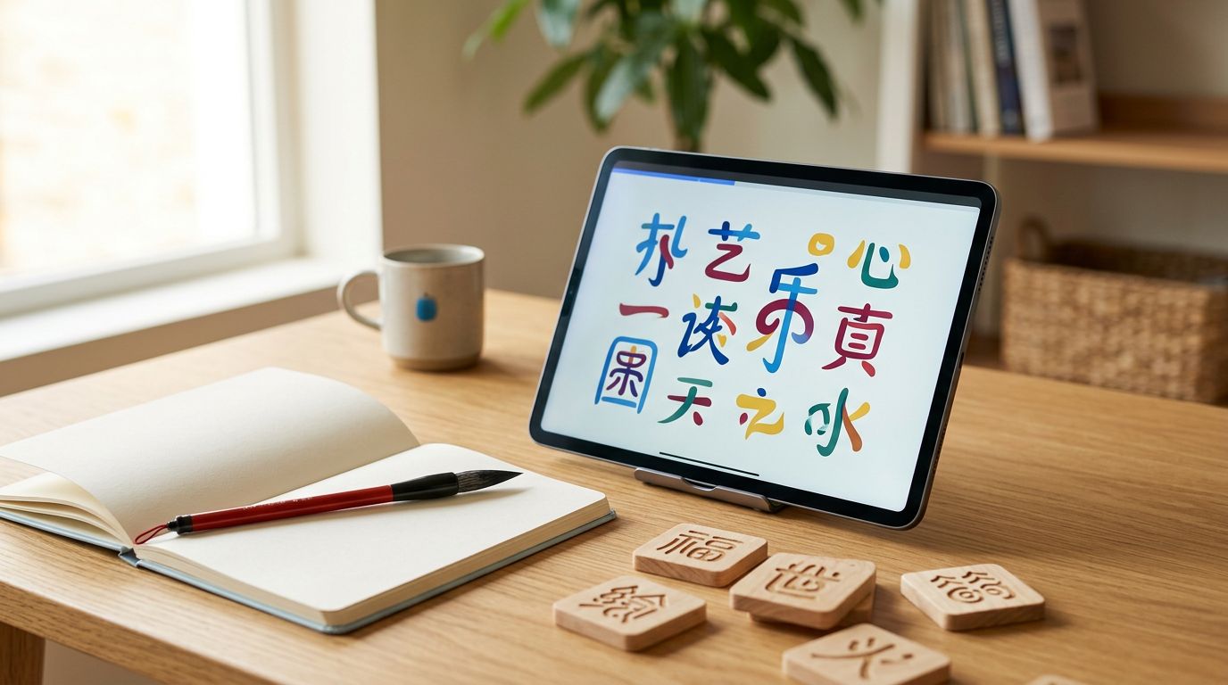 Tablet with colorful learning cards, wooden tiles, blank notebook, and red ink brush on a desk.